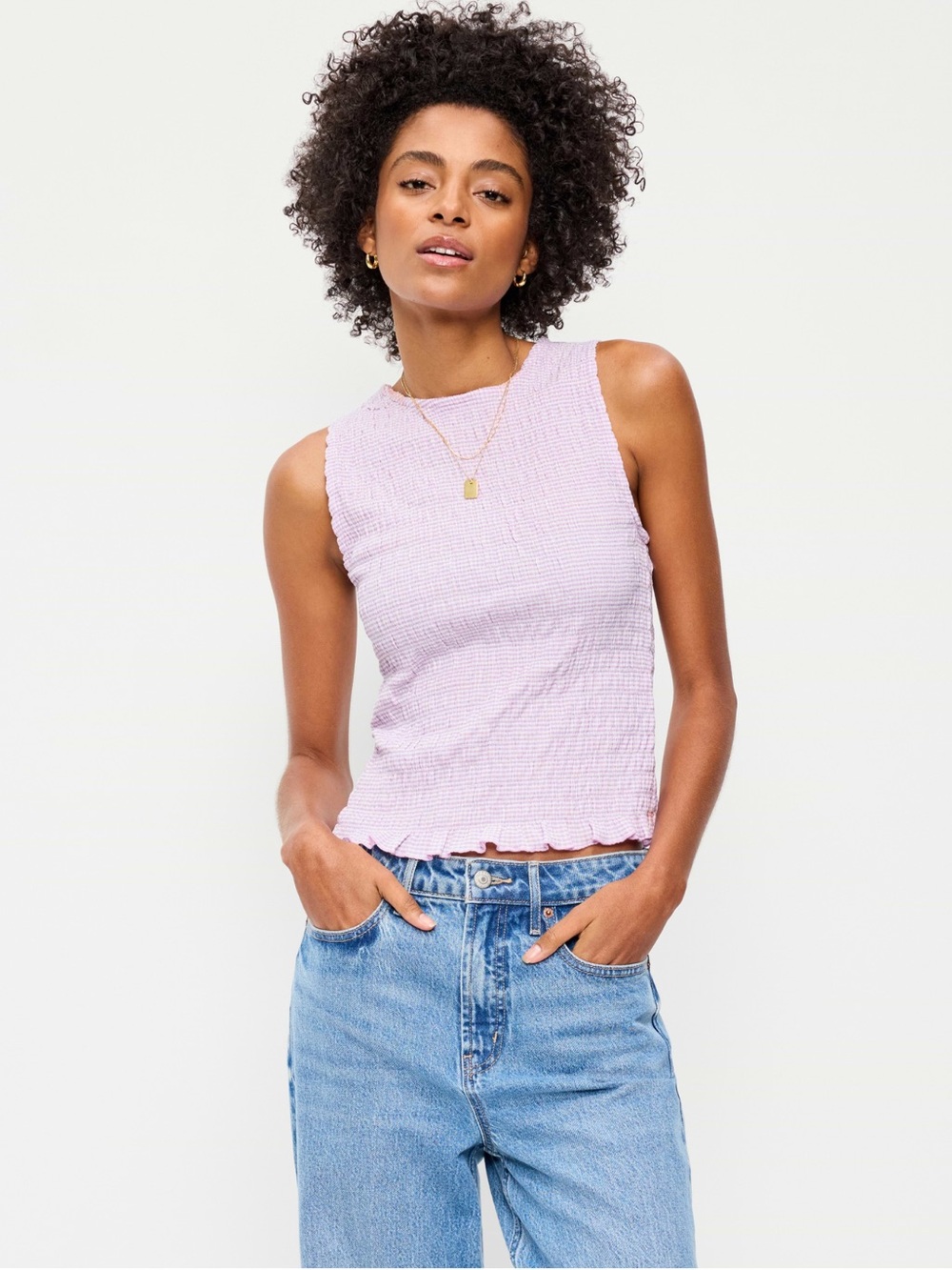 Old Navy Lavender Gingham Sleeveless Smocked Tank Top
